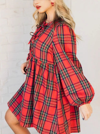 Flannel Plaid Bow Tie Long Sleeve Dress