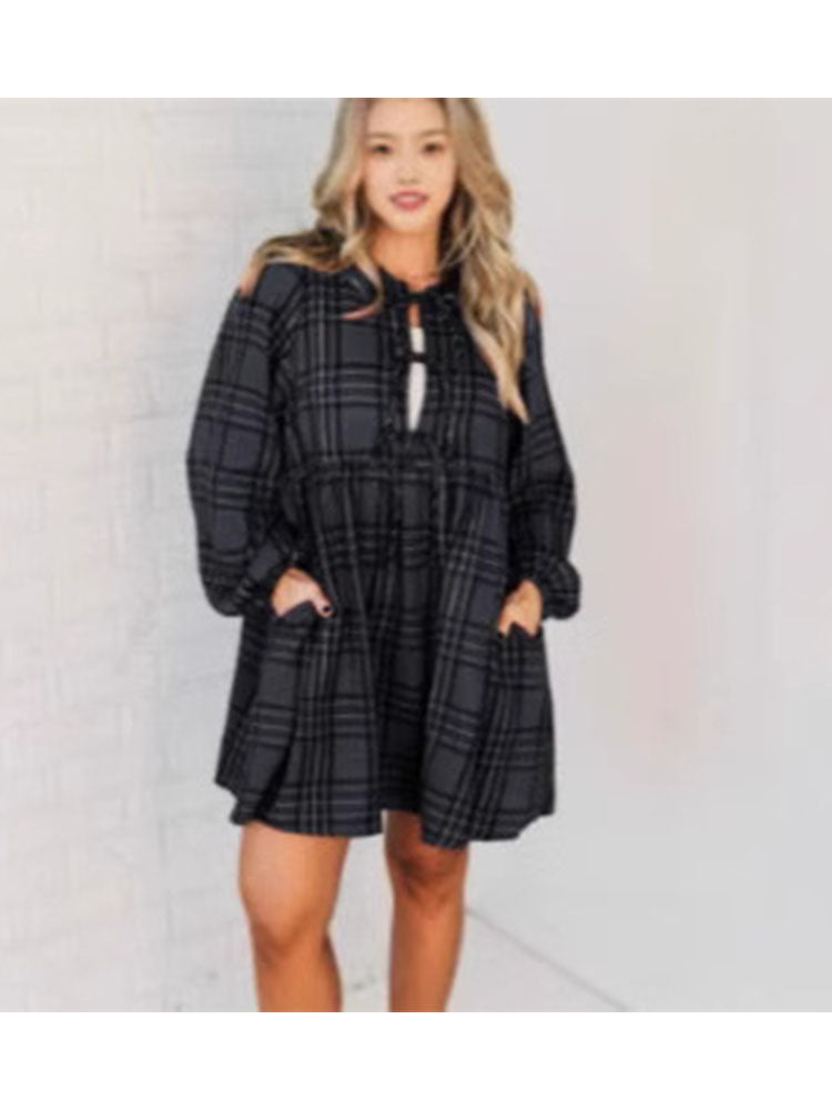 Flannel Plaid Bow Tie Long Sleeve Dress