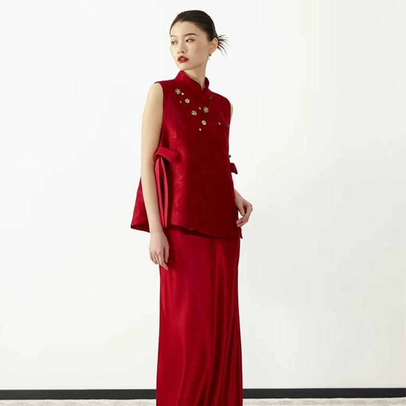 Flower Decoration Sleeveless Top And Spaghetti Straps Set Wedding Dress Set 5