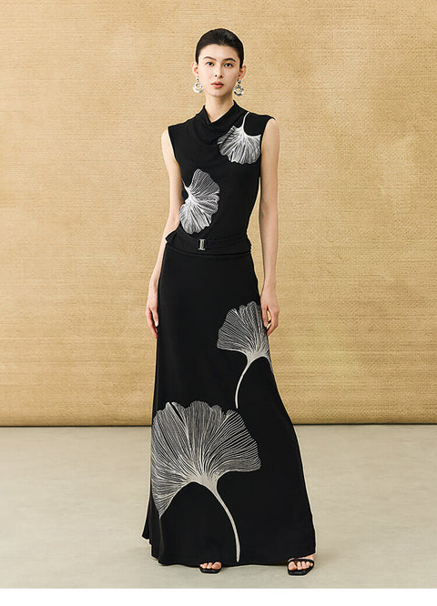 Ginkgo Printed Cowl Neck Sleeveless Top and Fishtail Skirt Set