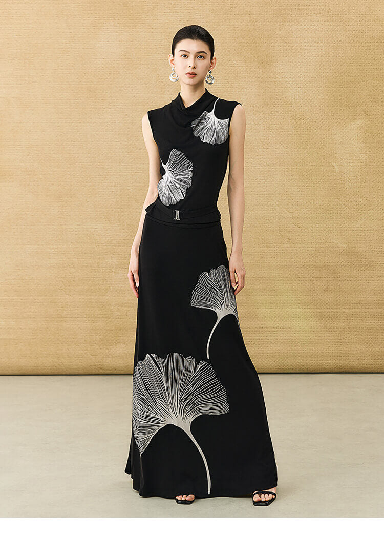 Ginkgo Printed Cowl Neck Sleeveless Top and Fishtail Skirt Set