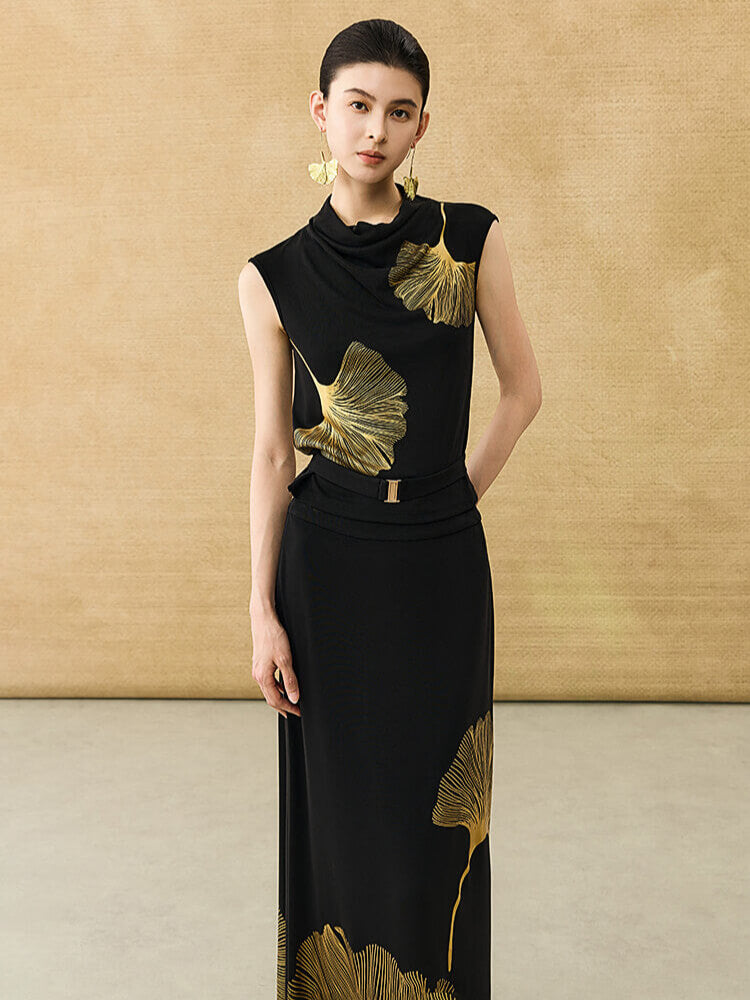 Ginkgo Printed Cowl Neck Sleeveless Top and Fishtail Skirt Set