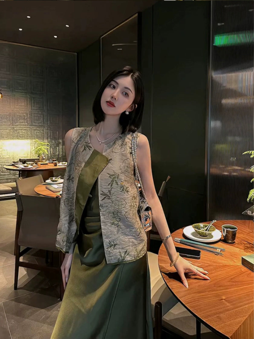 Green Vest A-line Suspender Dress Set 4