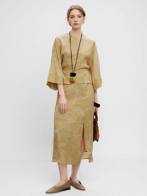 Ink-dyed_Three-quarter_Sleeve_Ramie_Top_and_Split_Skirt_Set_10