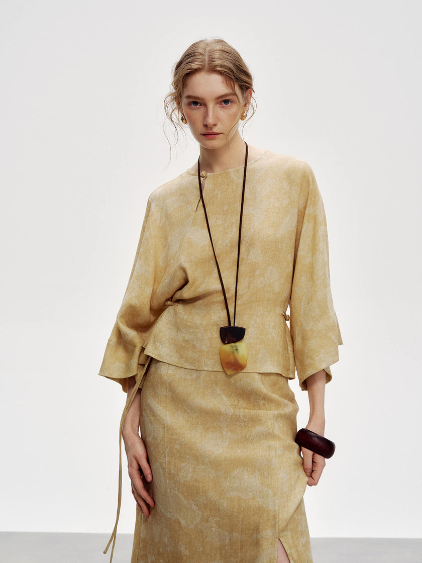 Ink-dyed_Three-quarter_Sleeve_Ramie_Top_and_Split_Skirt_Set_1
