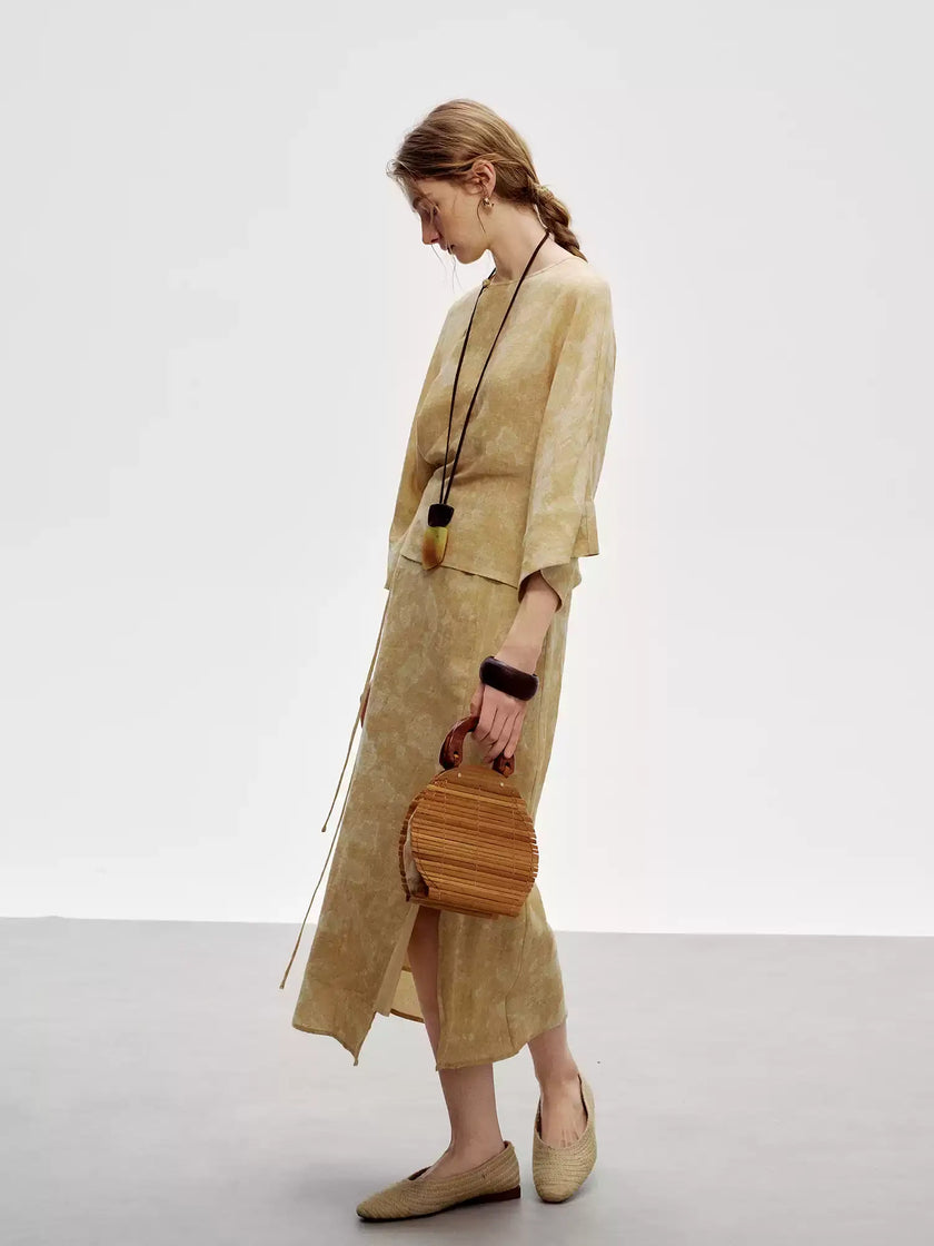 Ink-dyed_Three-quarter_Sleeve_Ramie_Top_and_Split_Skirt_Set_2