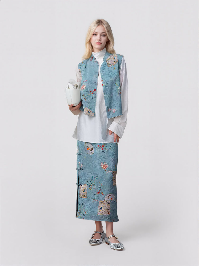 Jacquard_Stand_Collar_Vest_and_Split_Frog_Closure_Button_Skirt_Set_1