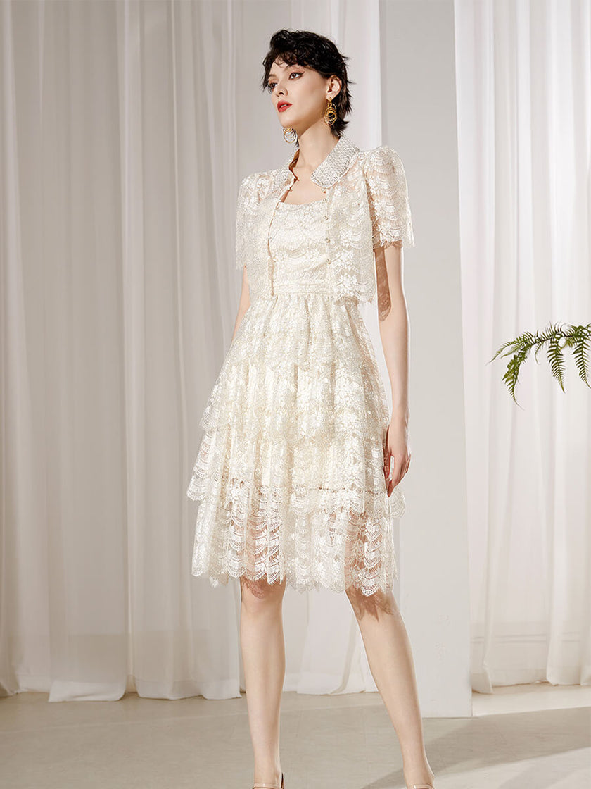 Lace_Spaghetti_Straps_Dress_and_Lapel_Crop_Top_Two-Piece_Set_4