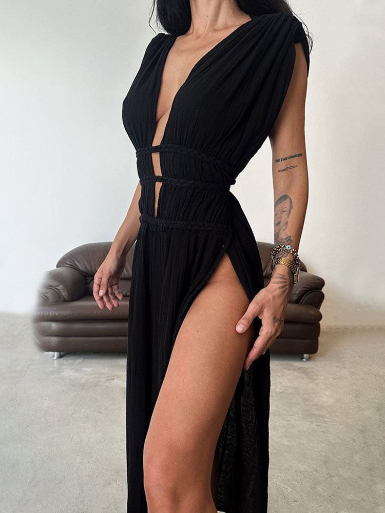 Robe longue fendue sans manches en mélange de lin avec ceinture tressée