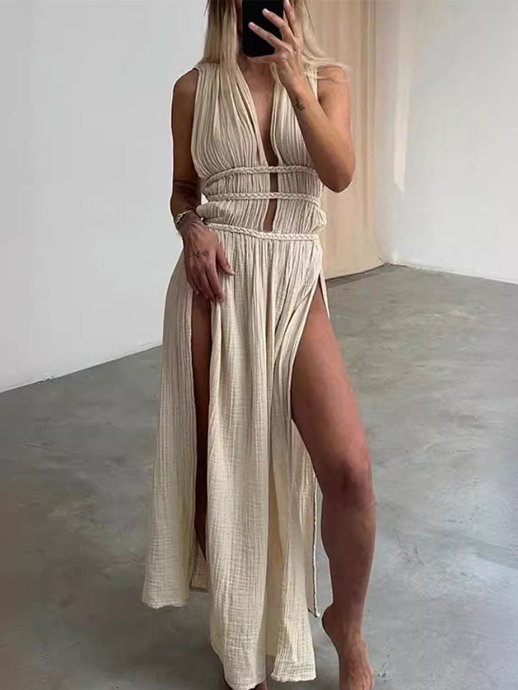 Robe longue fendue sans manches en mélange de lin avec ceinture tressée