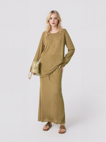 Long Sleeve Knitted T-shirt and Drawstring Elastic Waist Skirt Set_21