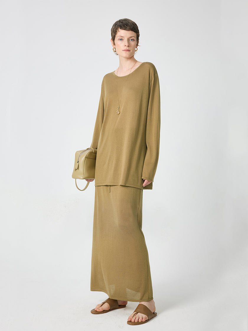 Long Sleeve Knitted T-shirt and Drawstring Elastic Waist Skirt Set_2