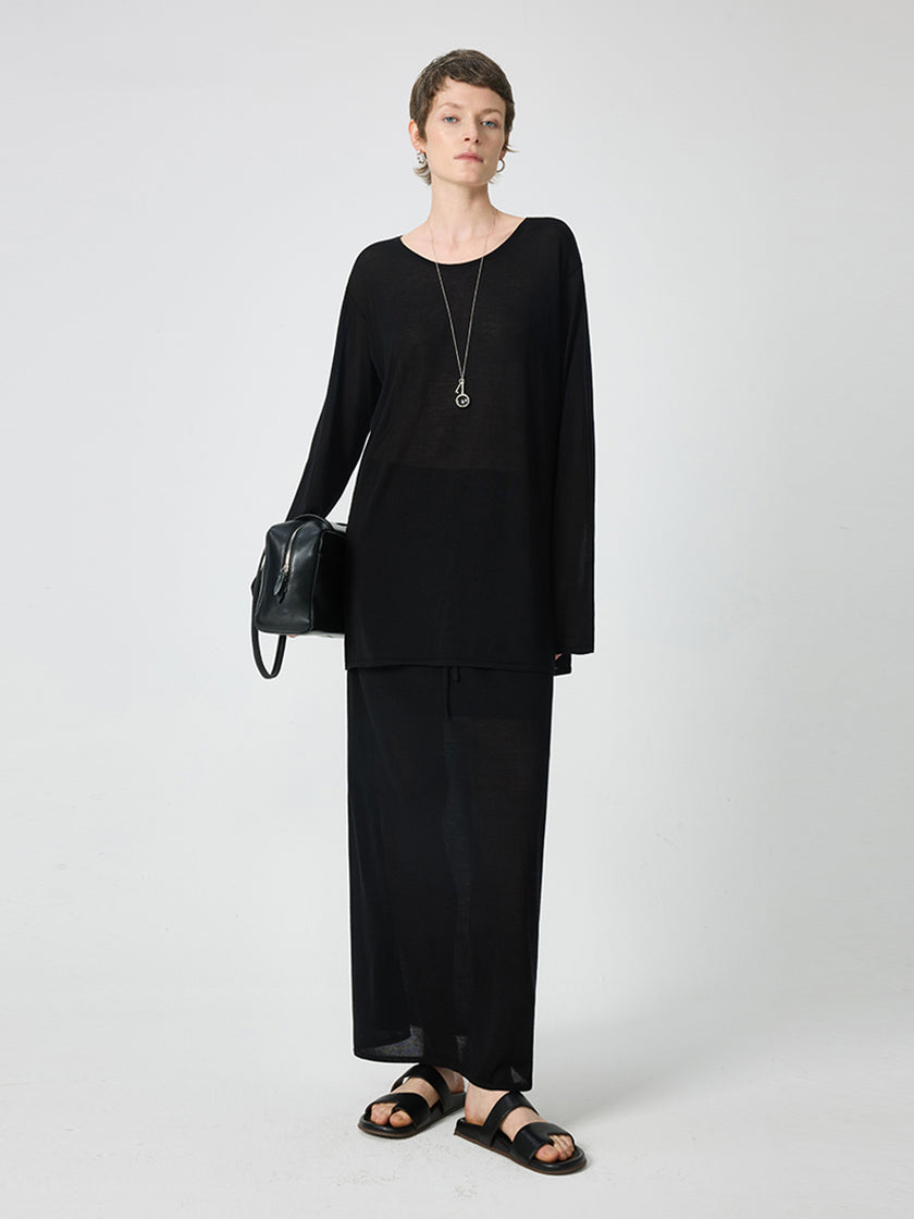 Long Sleeve Knitted T-shirt and Drawstring Elastic Waist Skirt Set_3