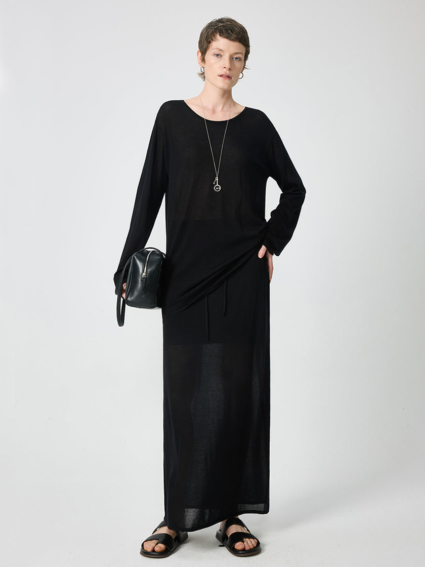 Long Sleeve Knitted T-shirt and Drawstring Elastic Waist Skirt Set_4