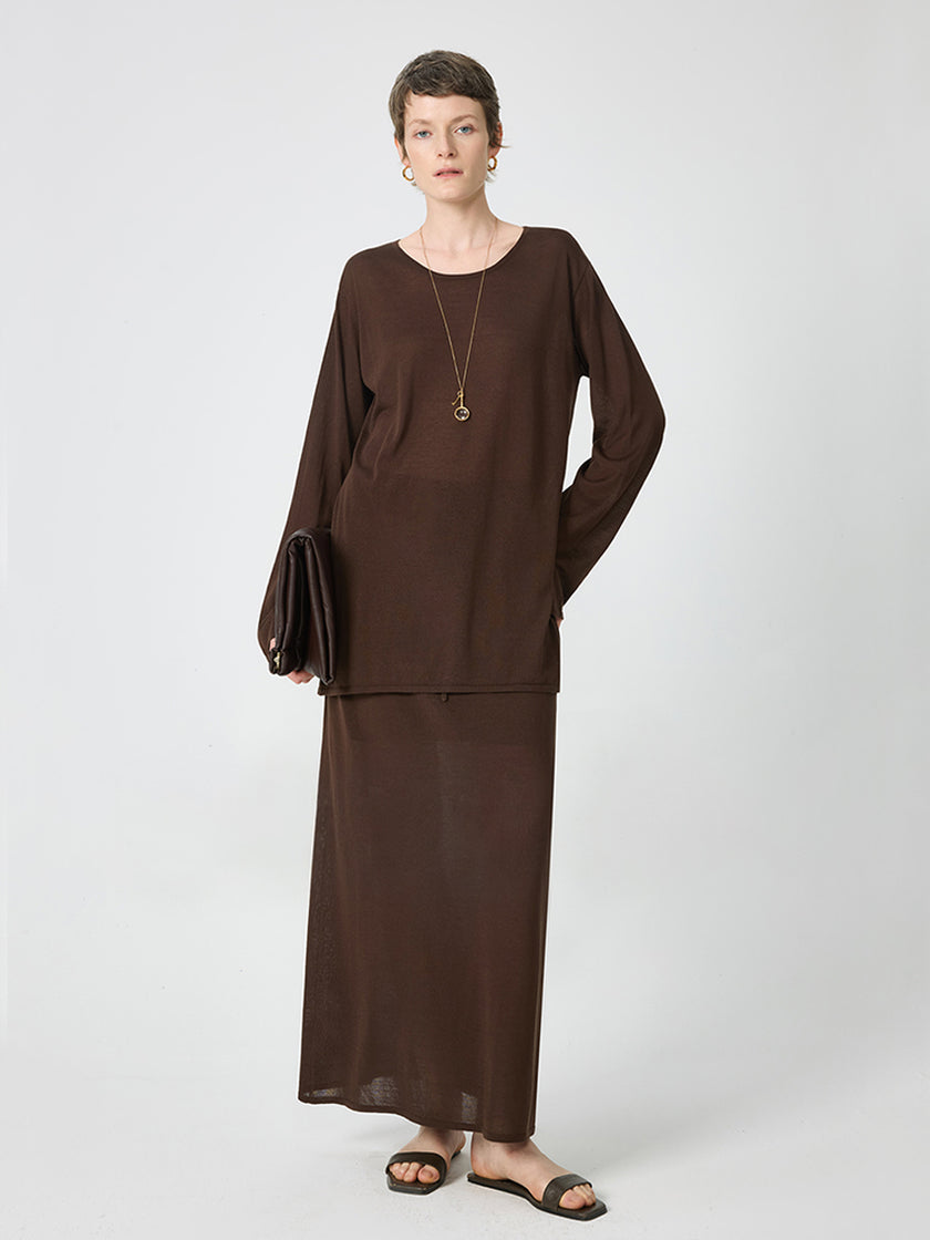 Long Sleeve Knitted T-shirt and Drawstring Elastic Waist Skirt Set_5