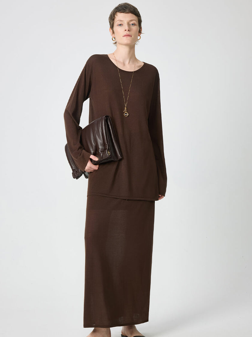 Long Sleeve Knitted T-shirt and Drawstring Elastic Waist Skirt Set_6