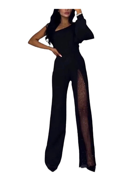 Off-shoulder High Slit Mesh Jumpsuit