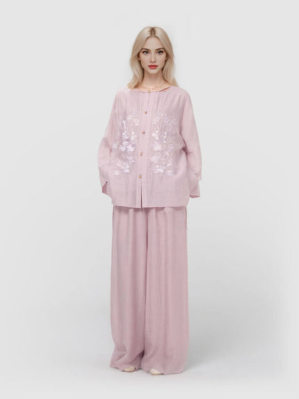 Round-Neck_Cardigan_Embroidered_Top_And_Wide-Leg_Pants_Set_1