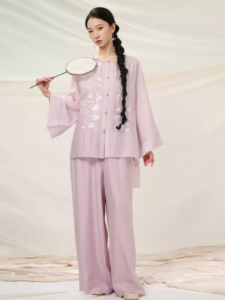 Round-Neck_Cardigan_Embroidered_Top_And_Wide-Leg_Pants_Set_4