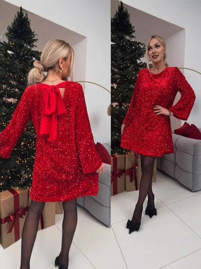 Round Neck Long Sleeve Sequin Bow Tie Midi Dress