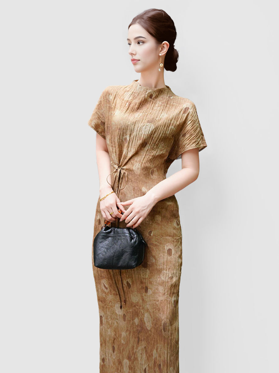 Round_Neck_Micro-pleated_Print_Drawstring_Waist_Dress_20