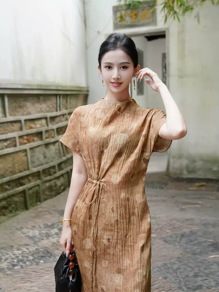 Round Neck Micro-pleated Print Drawstring Waist Dress 4