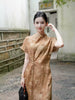 Round Neck Micro-pleated Print Drawstring Waist Dress 4