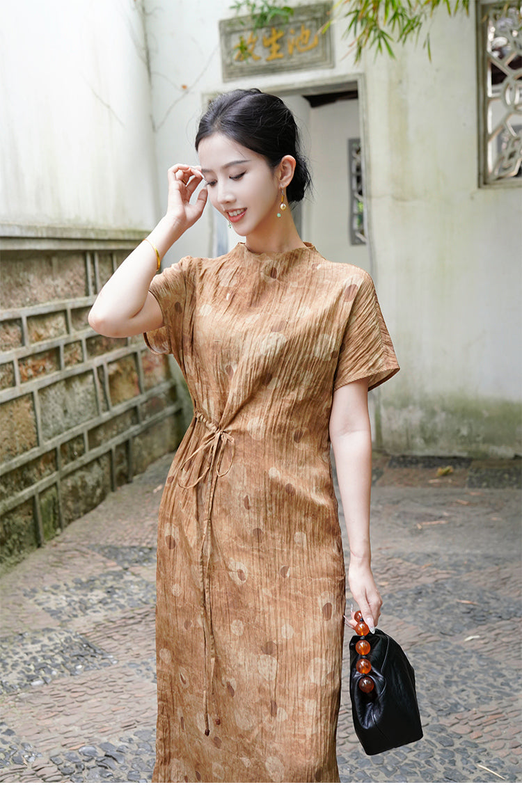 Round Neck Micro-pleated Print Drawstring Waist Dress 7