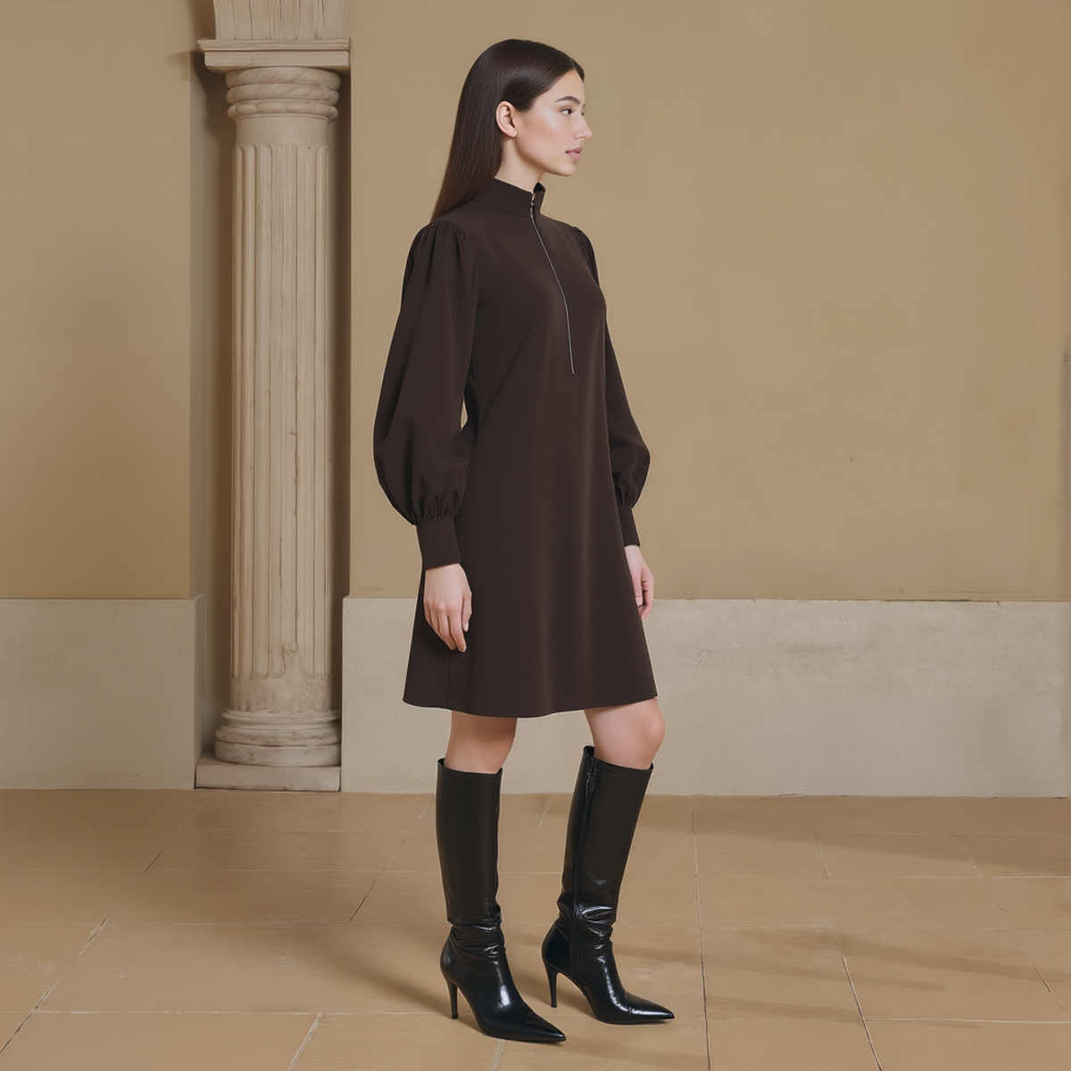 High Collar Puff Sleeve Zipper Front A-line Skirt