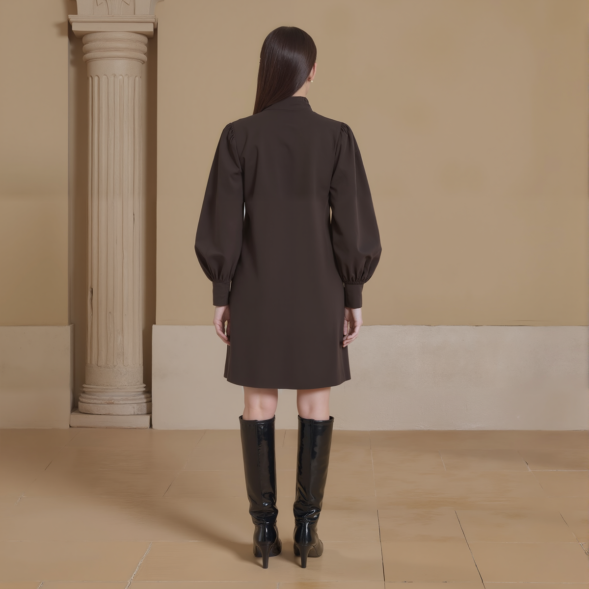 High Collar Puff Sleeve Zipper Front A-line Skirt