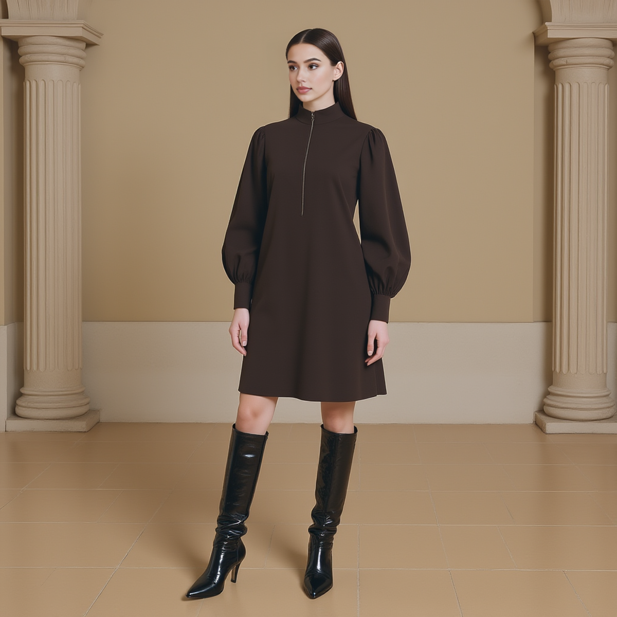 High Collar Puff Sleeve Zipper Front A-line Skirt