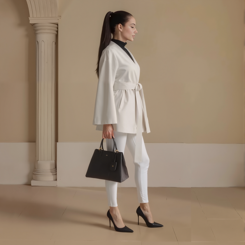 Long Sleeve Cross-Neck Belted Open Front Coat