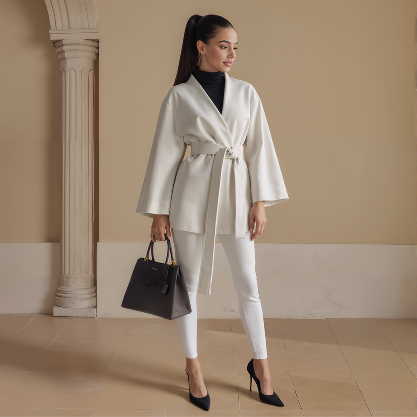 Long Sleeve Cross-Neck Belted Open Front Coat