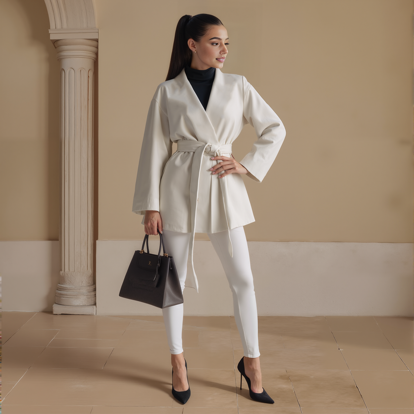 Long Sleeve Cross-Neck Belted Open Front Coat