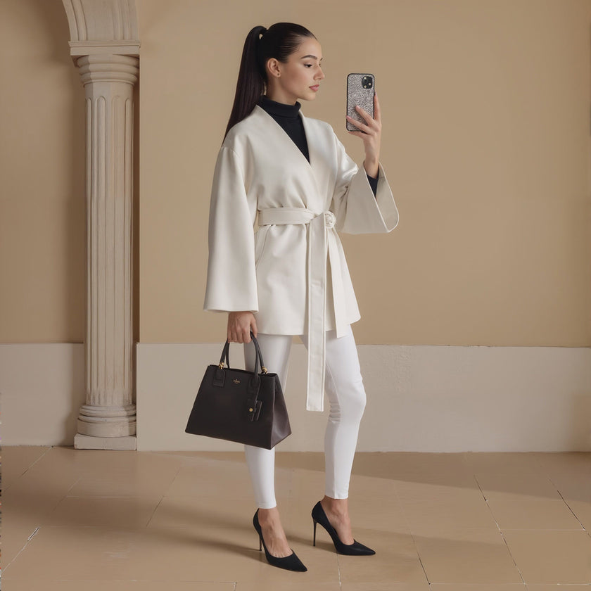 Long Sleeve Cross-Neck Belted Open Front Coat