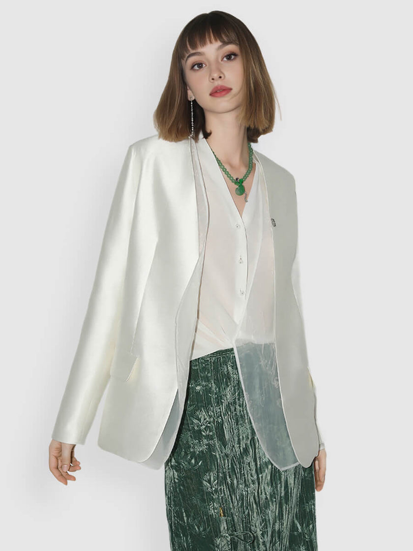 Satin Mesh Spliced Fake Two-piece Blazer
