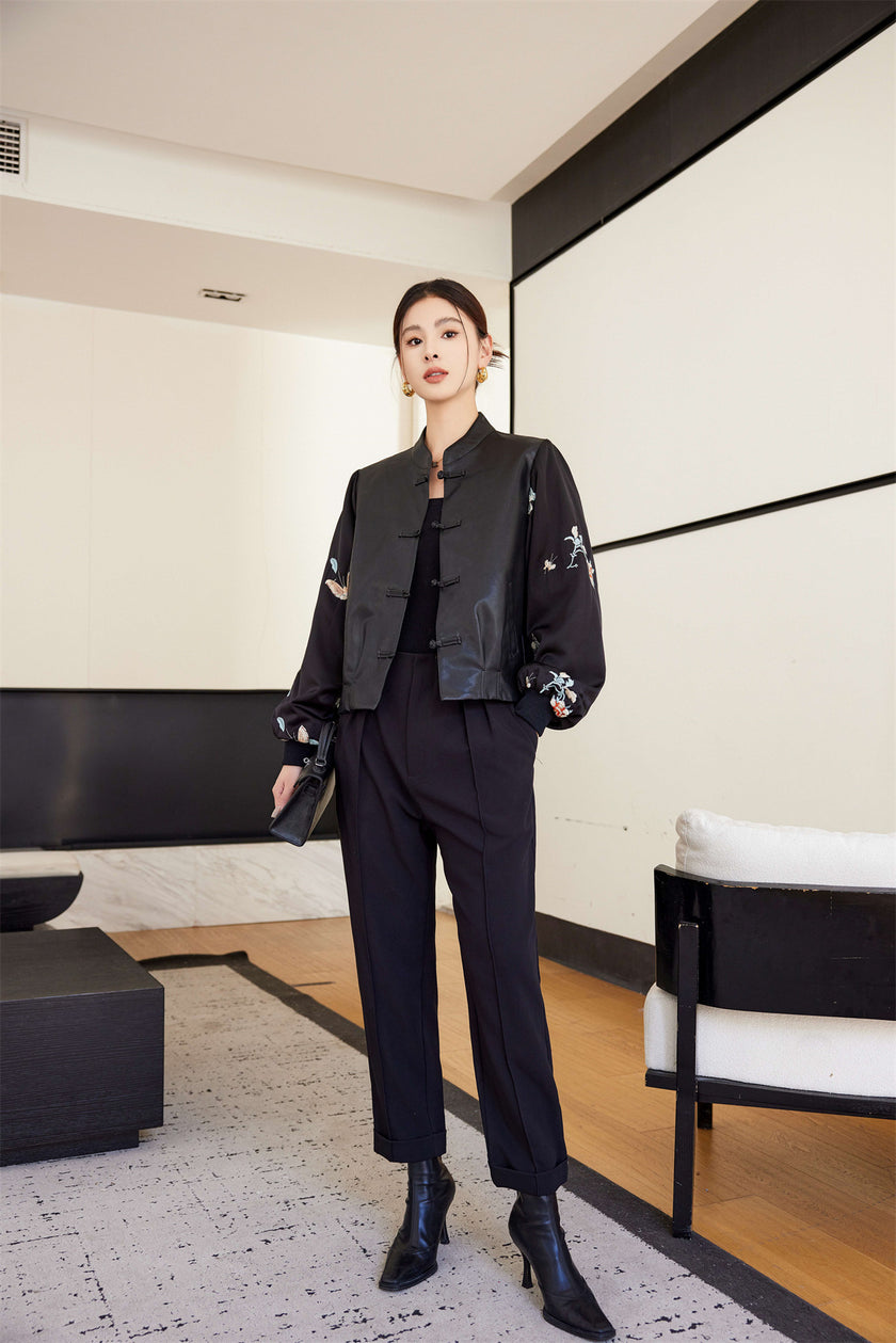 Short Vintage Stand Collar Jacquard Button Stitching Leather Jacket 3