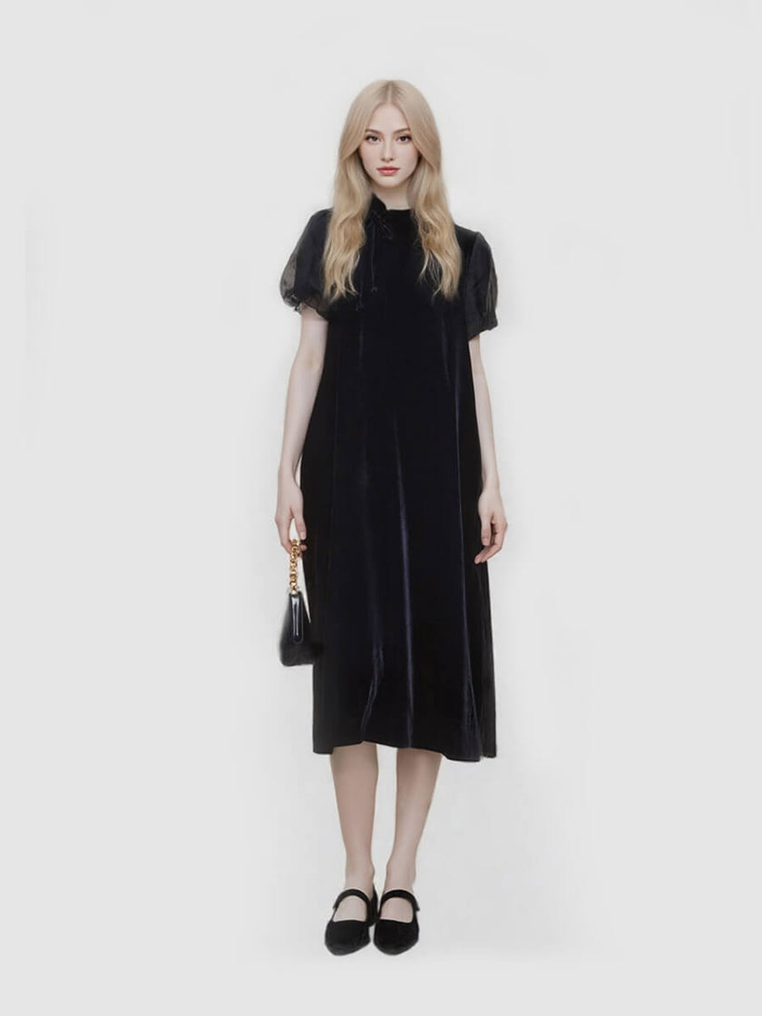 Side_Drawstring_Silk_Puff_Sleeve_Cheongsam_Dress_1