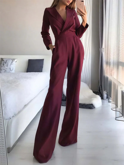 Slanted Collar Mid Waist Solid Color Jumpsuit