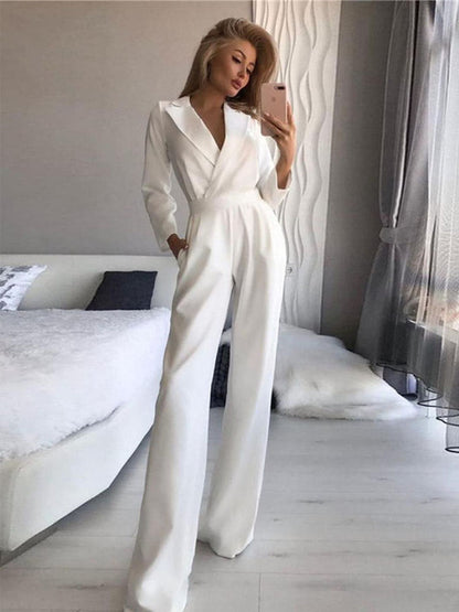 Slanted Collar Mid Waist Solid Color Jumpsuit