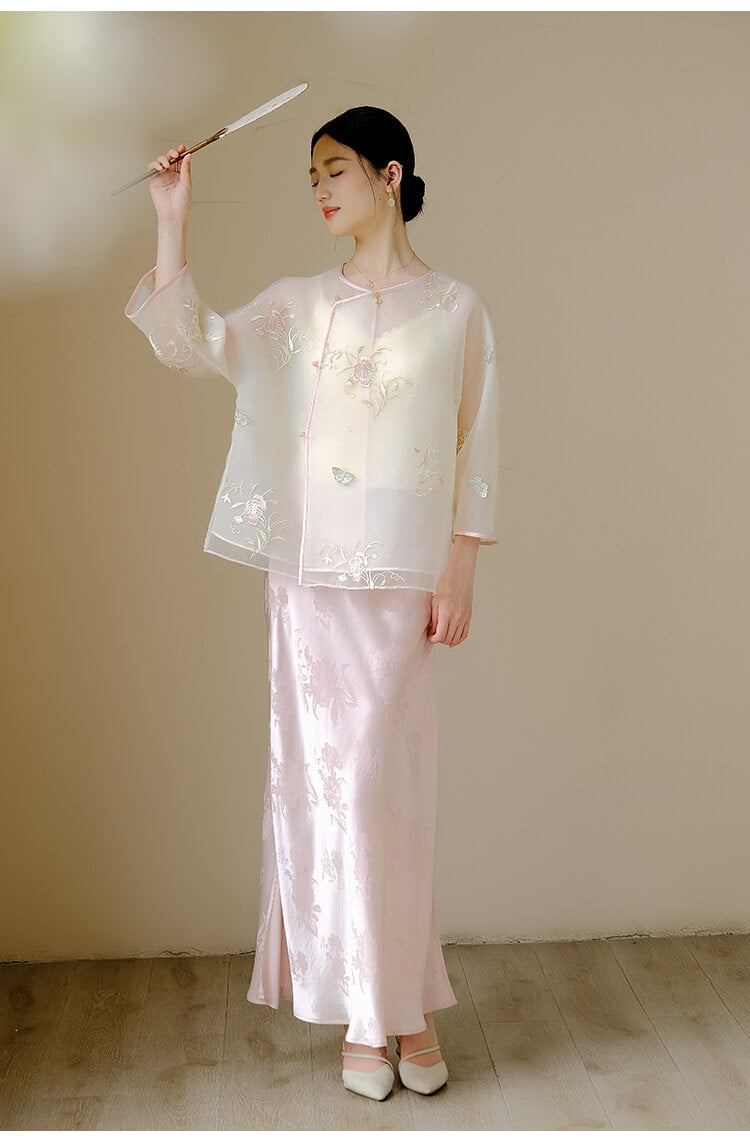 Slanted_Collar_Embroidered_Tulle_Top_and_Satin_Floral_Skirt_Set_2