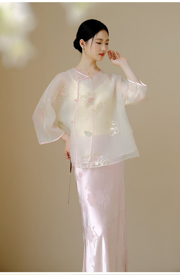 Slanted_Collar_Embroidered_Tulle_Top_and_Satin_Floral_Skirt_Set_4