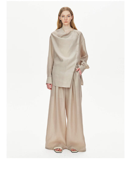 Slanted_Placket_Slightly_Swayed_Collar_Tencel_Shirt_and_Wide-leg_Pants_Set_2