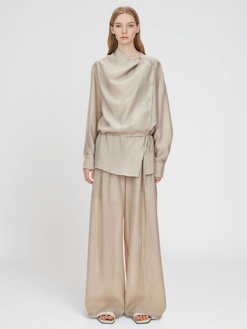 Slanted_Placket_Slightly_Swayed_Collar_Tencel_Shirt_and_Wide-leg_Pants_Set
