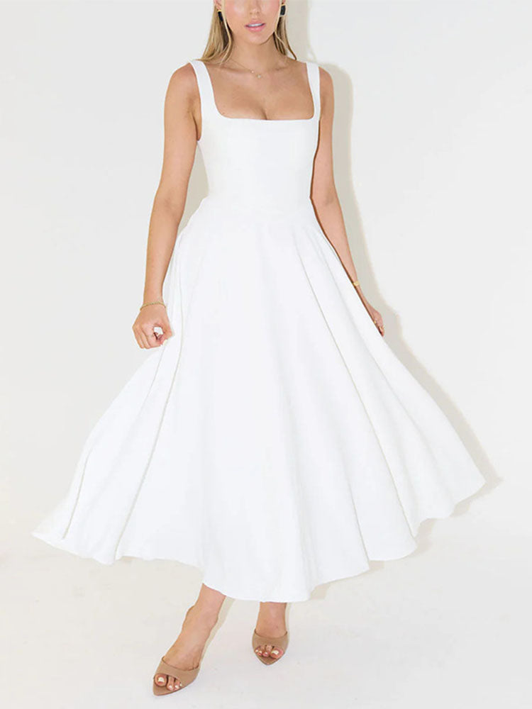 Robe midi minimaliste à bretelles larges de couleur unie
