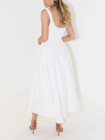 Robe midi minimaliste à bretelles larges de couleur unie