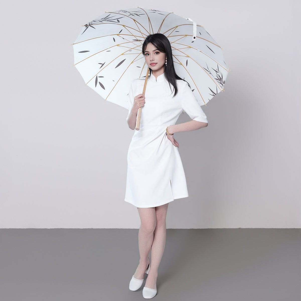 Stand Collar Half Sleeve Side Split Midi Dress