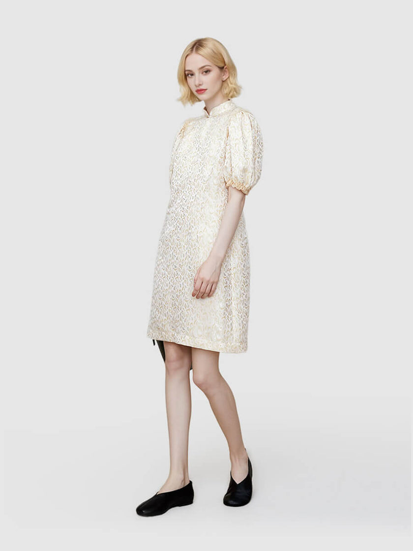 Stand_Collar_Puff_Sleeve_Side_Split_Midi_Dress_1