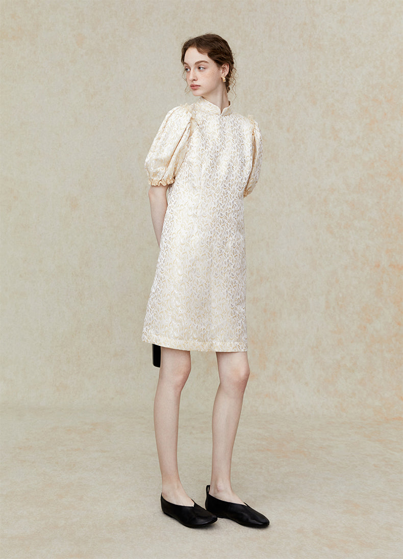 Stand_Collar_Puff_Sleeve_Side_Split_Midi_Dress_2