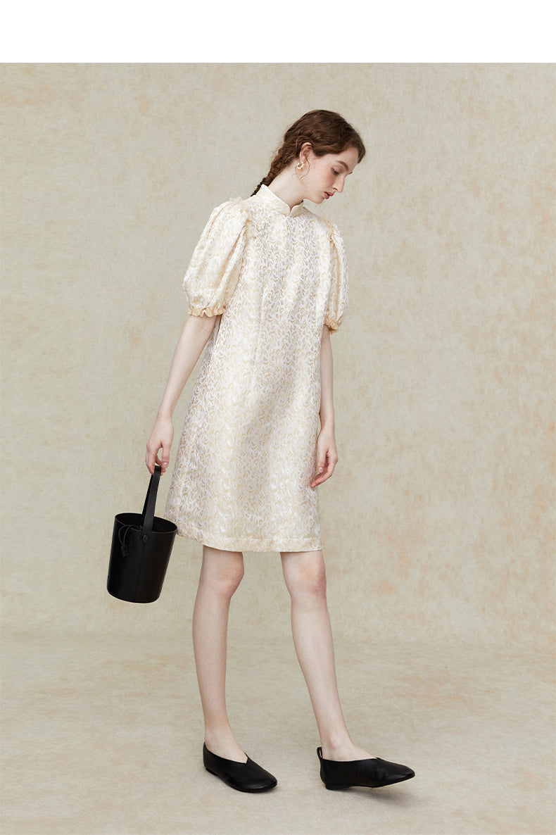 Stand_Collar_Puff_Sleeve_Side_Split_Midi_Dress_3